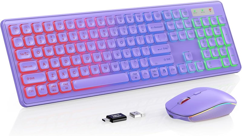 Trueque Wireless Keyboard and Mouse Combo, RGB Backlit, Rechargeable & Light Up Letters, Full-Size, Soft Typing, Sleep Mode, 2.4GHz Quiet Keyboard Set for Mac, Windows, Laptop, PC, (Purple) - Image 1